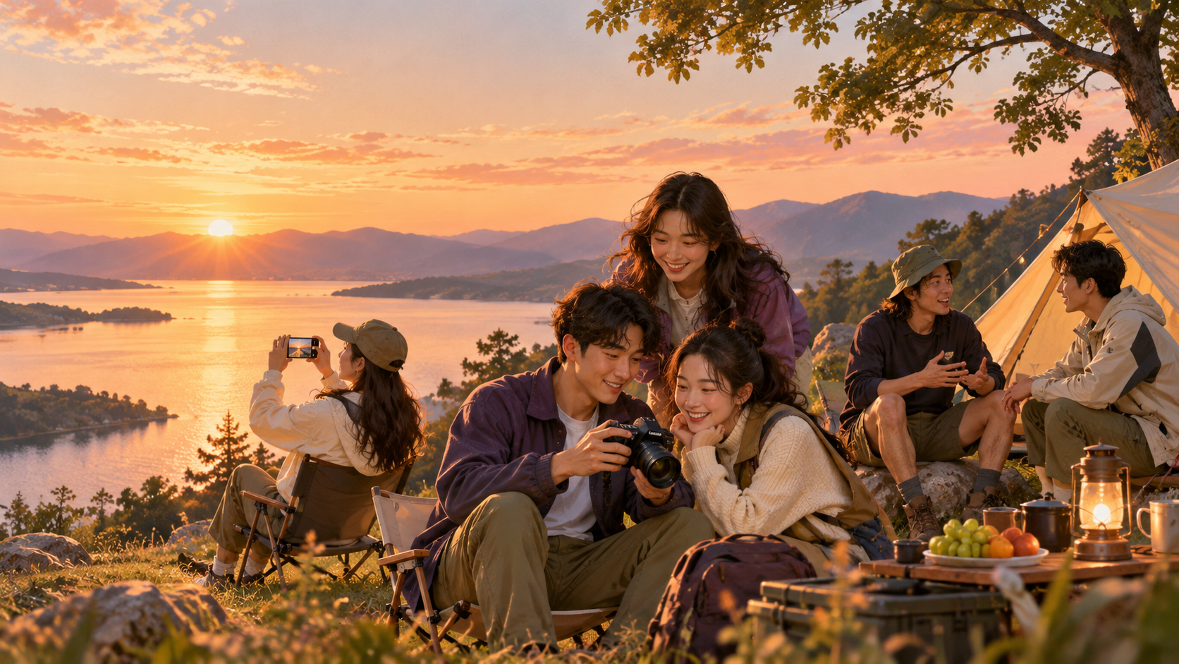品牌概念场景：夕阳下的湖畔营地，一群年轻人围坐看照片、举着手机拍照